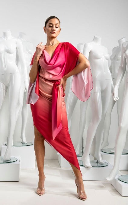 Kevan Jon Selena Red Ivory Zebra Drape Asymmetric Dress